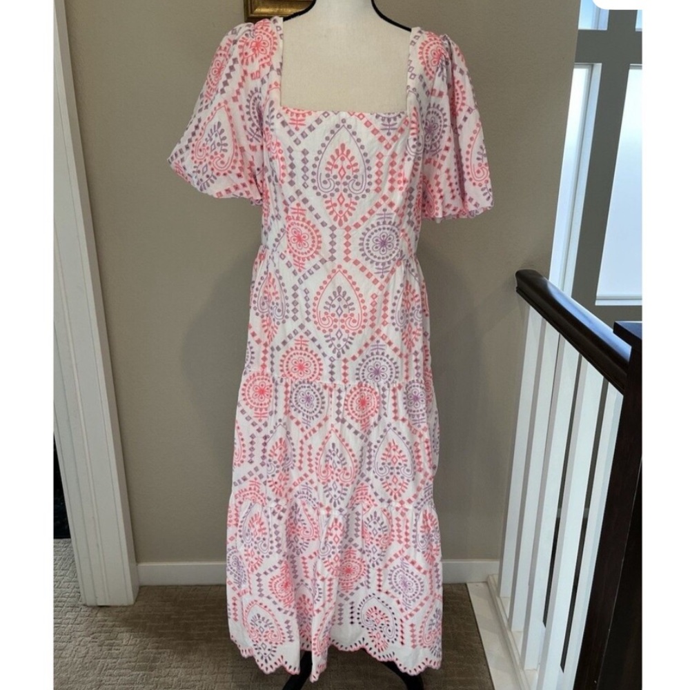 Lilly Pulitzer Pink Eyelet Midi Dress with Puff Sleeves - Picture 5 of 6